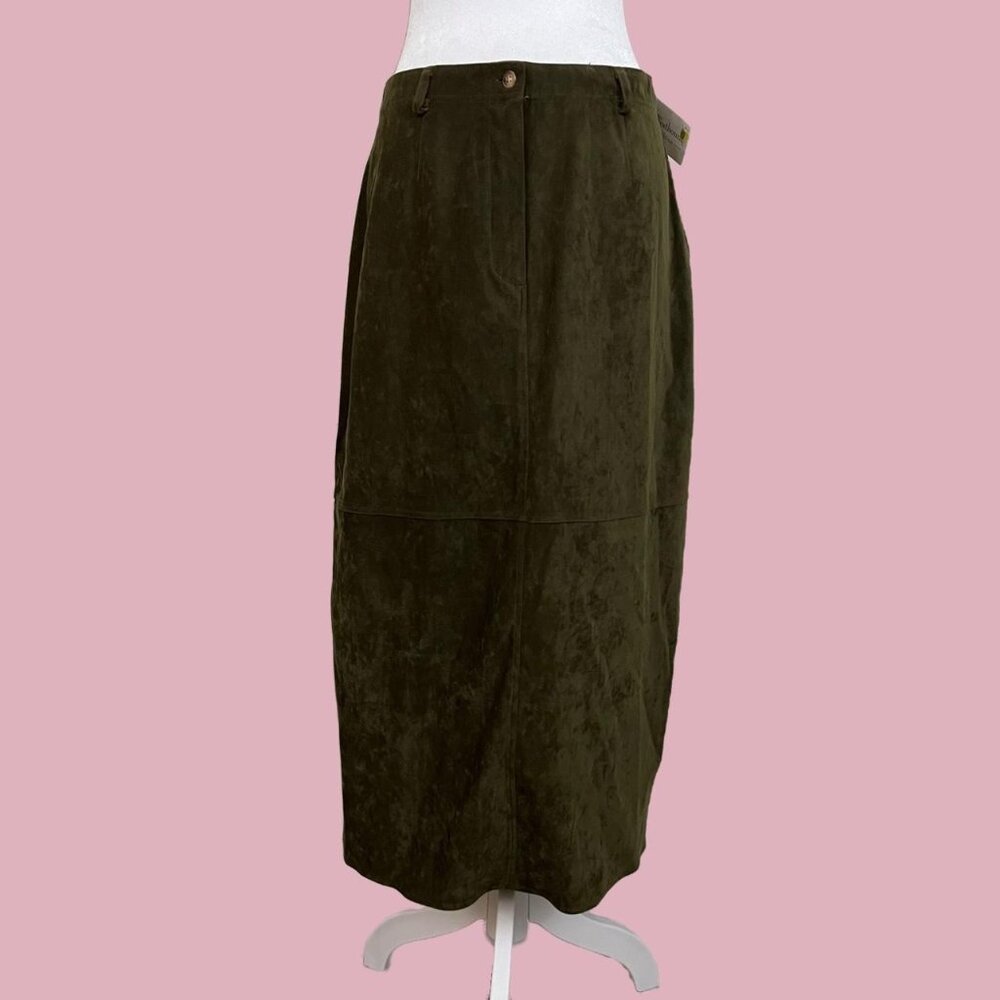 olive green vintage 90s faux suede midi skirt whimsygoth grunge